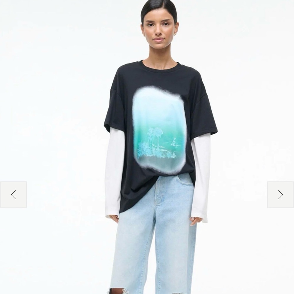 STAUD Black Graphic Layered Tee with Aqua Print - Women